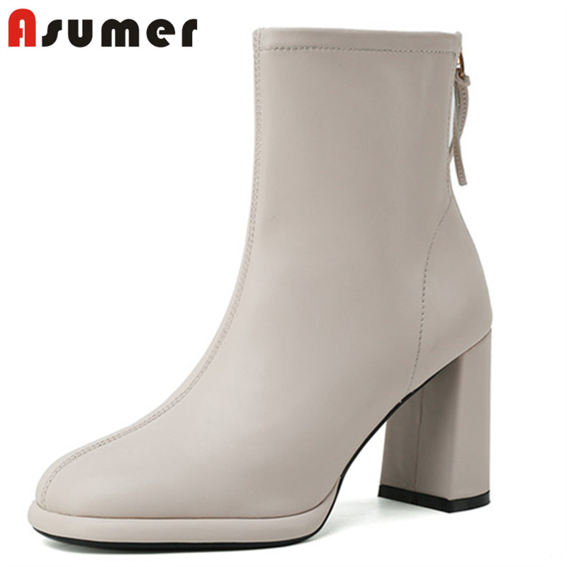 

Asumer 2020 big size 42 genuine leather footwear women ankle boots round toe zip high heel dress office shoes ladies black, Beige with fur