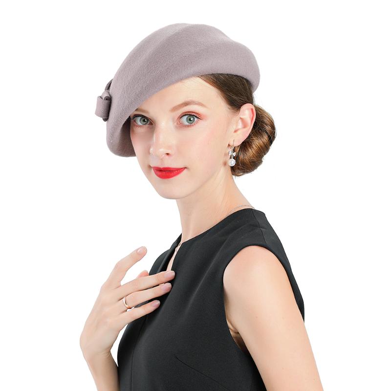 

New Fascinator Wool Felt Hat Beret Women Femme Fashion British Style Girls Beret Cap Lady Pink Winter Hats Walking Caps, Pink hat