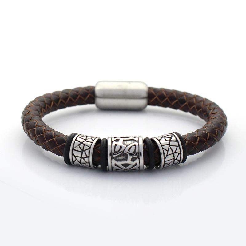 

Men Jewelry 8MM Genuine Braided Leather Bracelet Never Fade 316 Stainless steel Charms Viking Bead Bracelets with Magnet Clasp