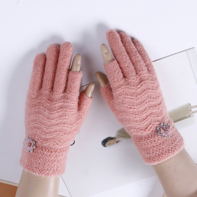 

Fashionable Women Ladies Winter Exposed Finger Gloves Flower Decorations Solid Color SKnitting Warm Gloves FS0480