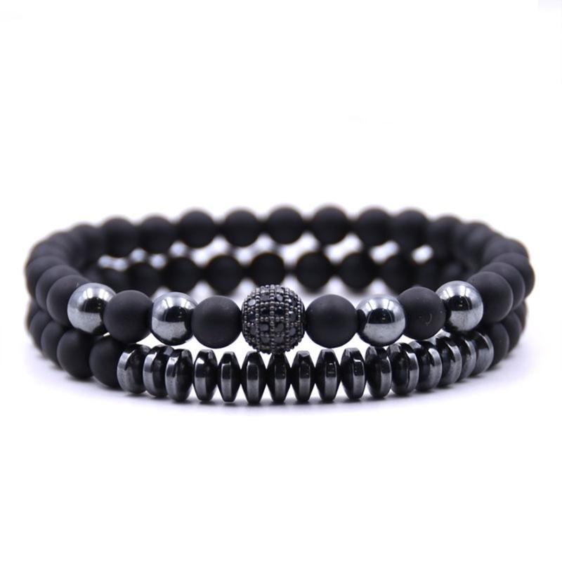 

2 pcs/1 set Unisex Micro inlaid zircon stretch men women beads bracelet black gold color luxury gift 2020 Pearls Chain For MEN