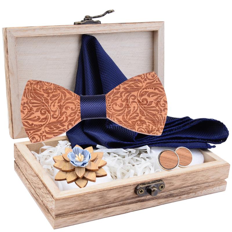 

Neck Ties 2021 Design Craved Floral Wooden Wood Bow Tit Set Navy Red Plaid Silk Pocket Square Cufflinks Broocn Bowtie For Mens Wedding