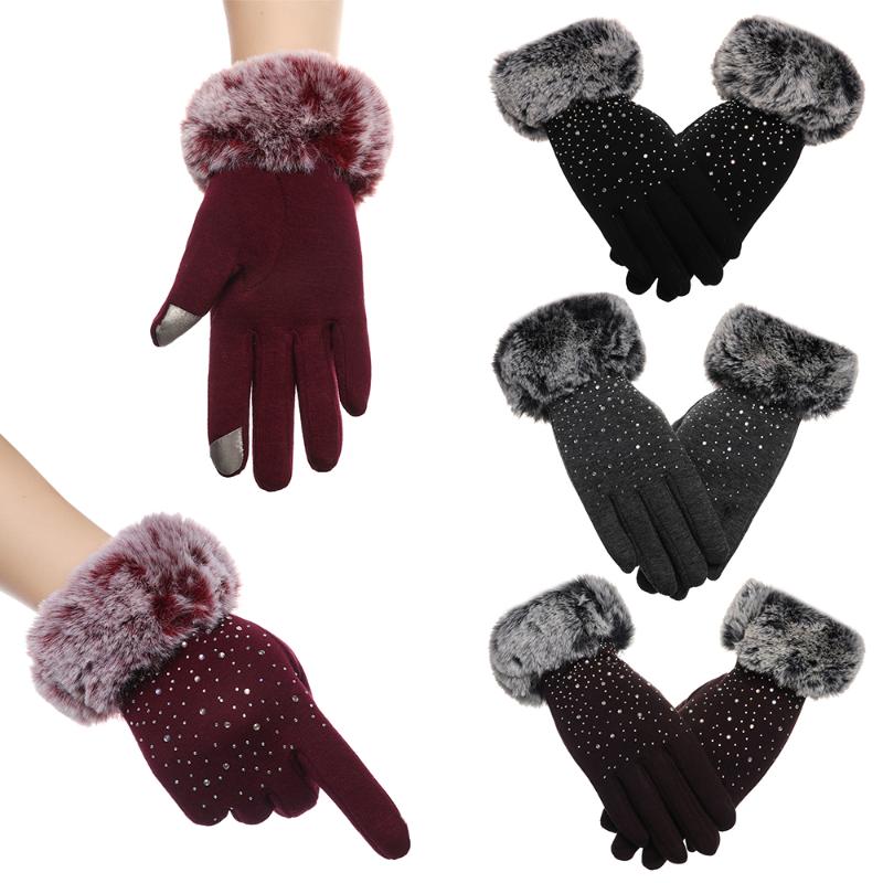 

New Shiny Rhinestone Winter Touch Screen Gloves Women Faux Fur Thicken Warm Mittens Windproof Women Cashmere Gloves
