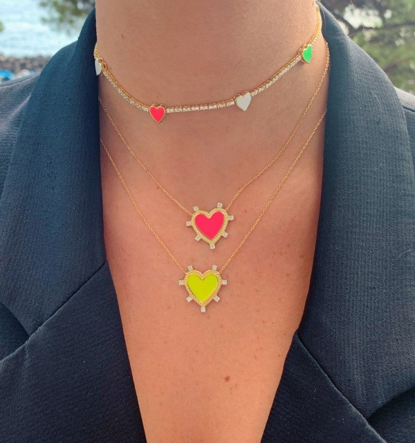 

Neon colorful enamel Heart pendant necklace Gold filled 2020 New design Valentines gift for girlfriend lover jewelry, Golden;silver
