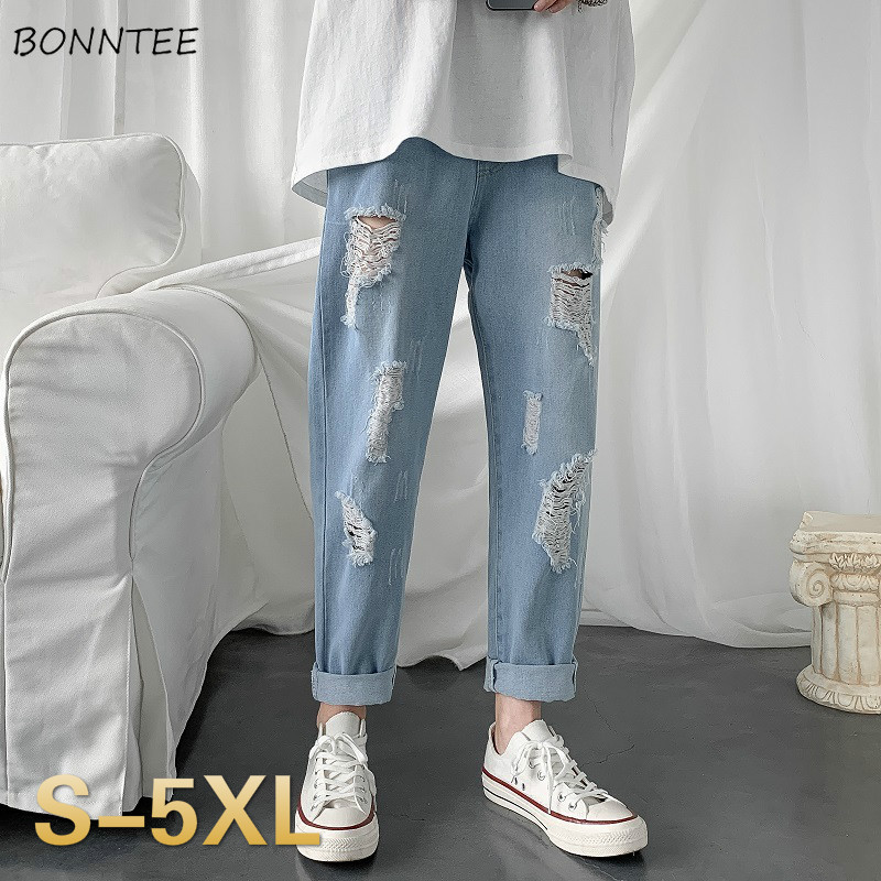 

Jeans Men Fur-lined Hole Plus Size 5XL Crimping Mens Ankle-length Casual Loose Drawstring Streetwear Frayed Trendy Trousers New, Light blue-no holes