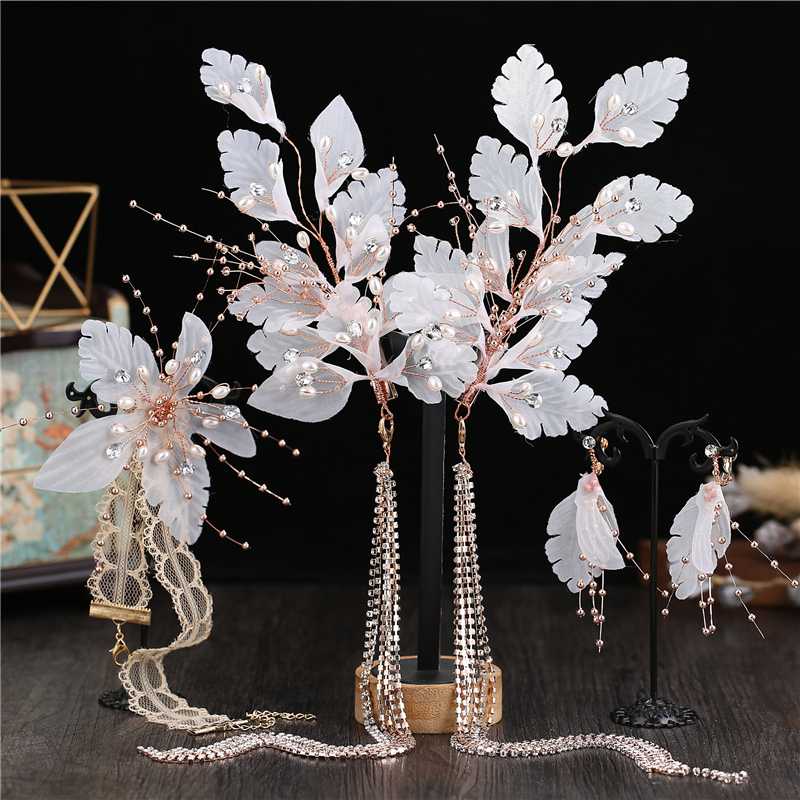 

Handmade bride white gauze headdress super fairy tassel hairpin forest wedding photo shoot with accessories