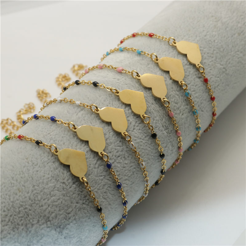 

1 PC Stainless Steel Bracelets Link Cable Chain Heart Gold Color Enamel Bracelet For Fashion Women Jewelry Gifts 18cm Long, Golden;silver