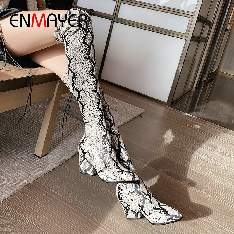 

ENMAYER 2020 PU Round Toe Womens Boots Wedges Heels Stretch Fabric Over The Knee Boots Animal Prints Shoes Woman Size 34-43, Brown