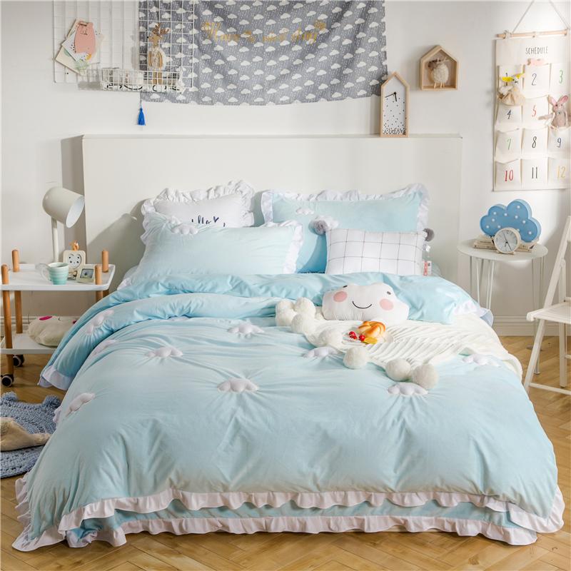 

Blue Pink thick fleece winter cute Bedding set king queen  size kids girls Bed set Bedsheet Clouds Duvet cover pillowcases, Bedding set 4