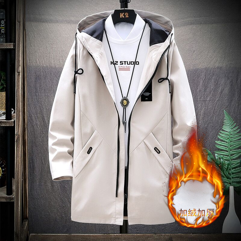 

New 2020 Winter trench coat men Medium and long, fluffed thickened Hooded Warm windbreaker over coat long winter for men, Beige