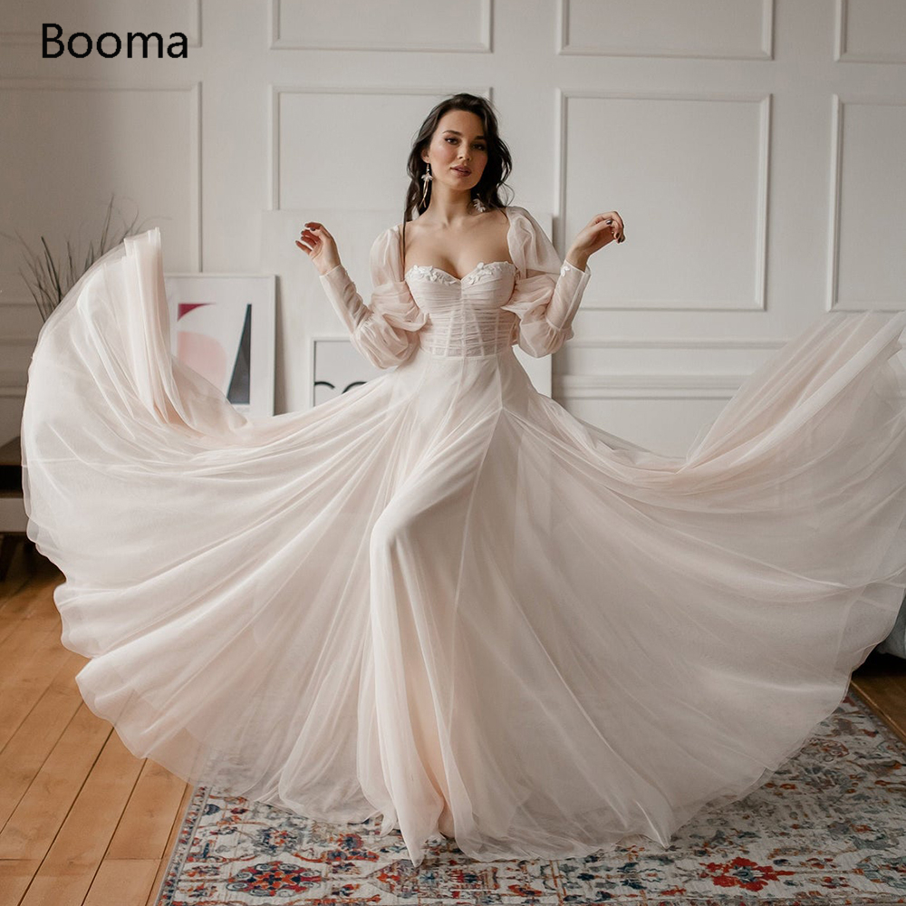 

Fairy Beach Wedding Dresses Sweetheart Lantern Sleeves Princess Bridal Gowns Appliques Pleated Tulle A-Line Bride Dresses, Off white