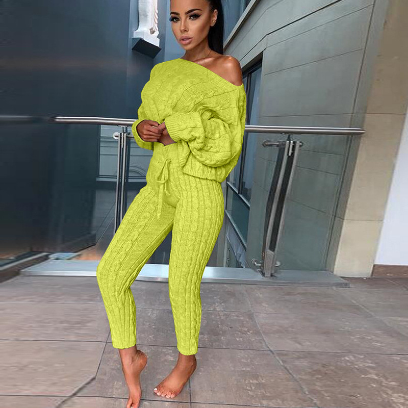 

knitting Two Piece Set slash neck Casual Outfits Women autumn winter turtleneck lounge wear fashion streetwear lounge set, Army green