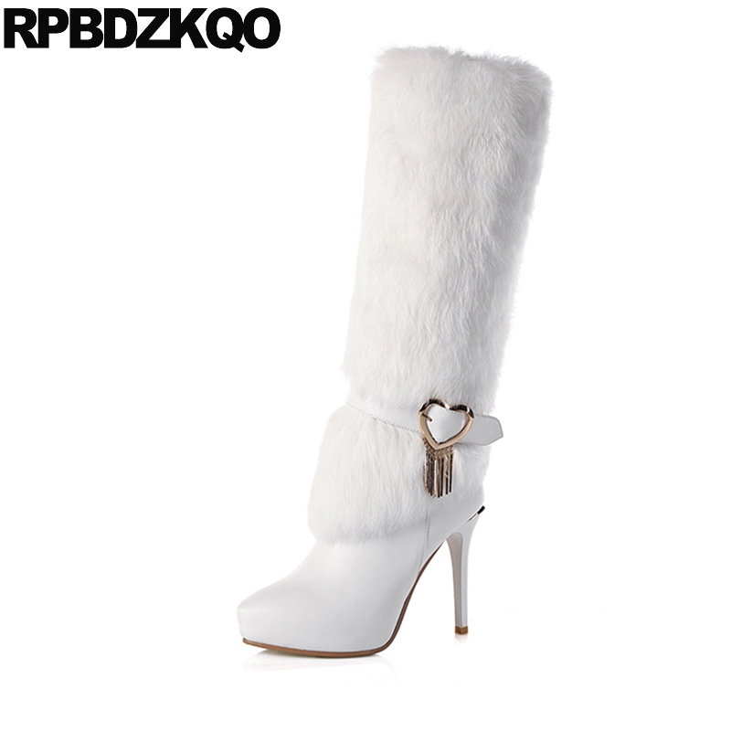 

Slim High Heel Sexy Real Fur Luxury Tall Long Mid Calf Knee Brand Women Winter Boots Genuine Leather Pointed Toe White Metal, Black