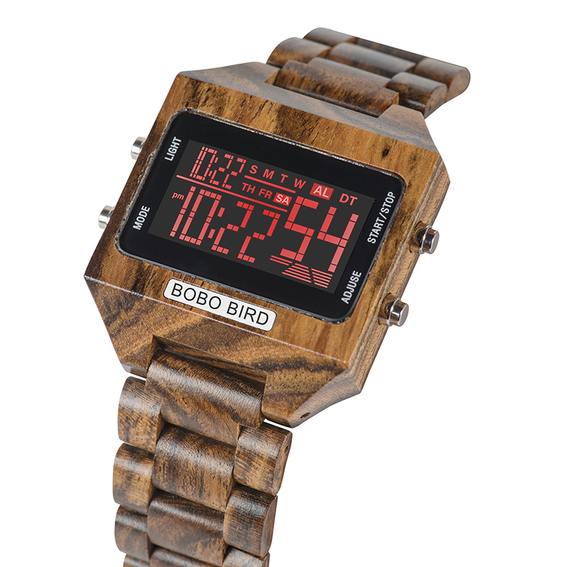 

BOBO BIRD Digital Watch Men 4 Colors LED Waterproof Alarm Electronic Clock Date Week Display Relogio Masculino Erkek Kol Saati, Zebrawood