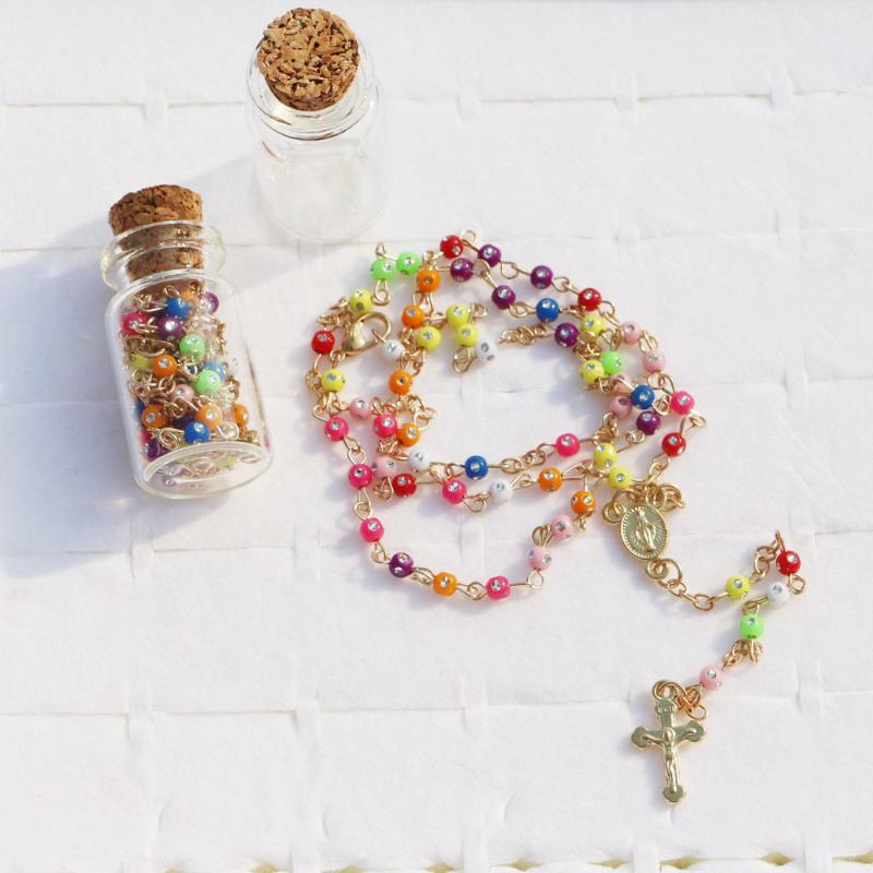 

Pendant Necklaces 12pcs Wish Bottle Bling Rhinestone 4mm Rosary Beads INRI JESUS Cross Necklace Catholic Fashion Religious Jewelry