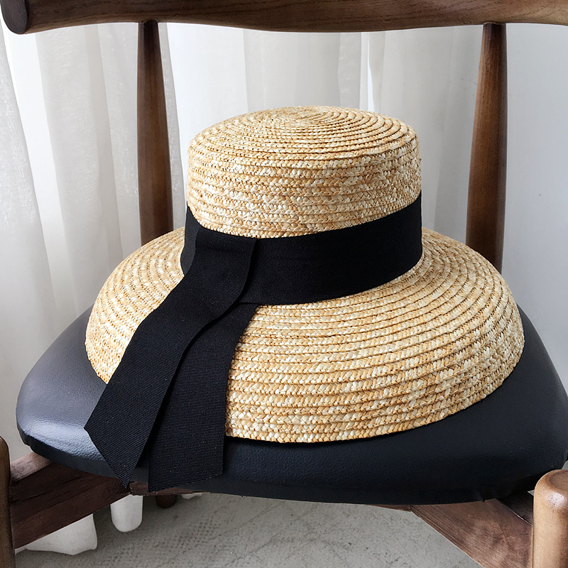 

H7603 Summer Straw Sun Hat Women Beach Holiday Sunscreen Sunshade Retro Cap Female French Wide Ribbon Large Brim Flat Top Caps, Khaki