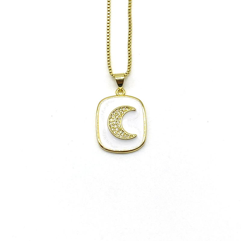 

5pcs/lot Bohemian Enamel Brass CZ Moon Pendant Necklace, Silver