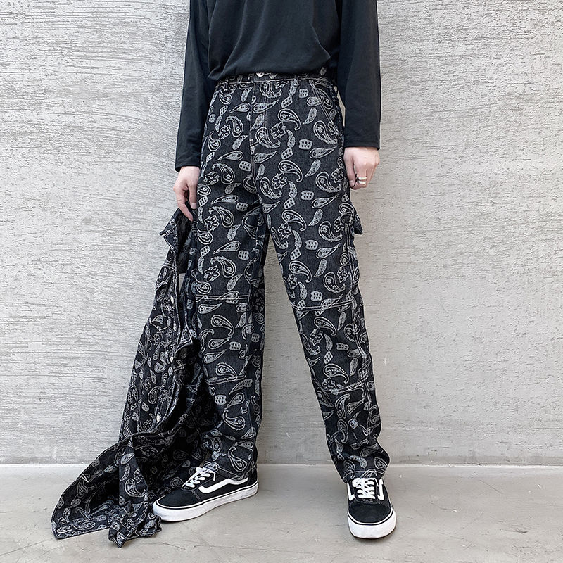 

Men's Jeans High Street Royal Paisley Printed Men Black Ripped Slim Fit Pants Streetwear Erkek Jean Pantolon Masculina