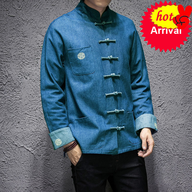 

long Male loose sleeves retro buckle embroidered denim jacket young man fattening increase code tide, Blue