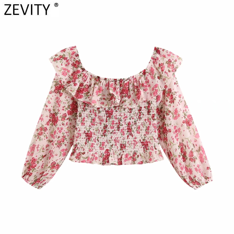

Zevity women sexy off shoulder ruffles short smock blouse ladies chic flower print elastic slim blusas cropped shirt tops LS7006, As pic ls7006bb