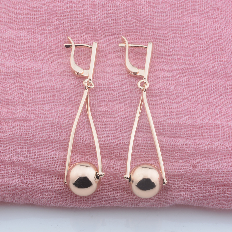 

FJ 2 Style Women 585 Rose Gold Color Smooth Ball Long Earrings