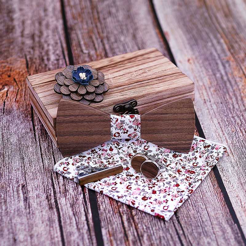 

dropshipping floral wood bowtie 2020 wedding square scarf unisex wooden bow tie set with gift box cufflinks necktie clip brooch