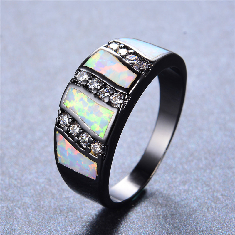 

Cute Female Blue White Fire Opal Ring Vintage 14KT Black Gold Wedding Rings For Women Promise Love Geometric Engagement Ring