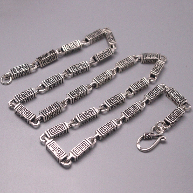 

S925 Sterling Silver Necklace Women Men Luck Rectangle Bead Chain Necklace 5mmW 20inch 40-42g