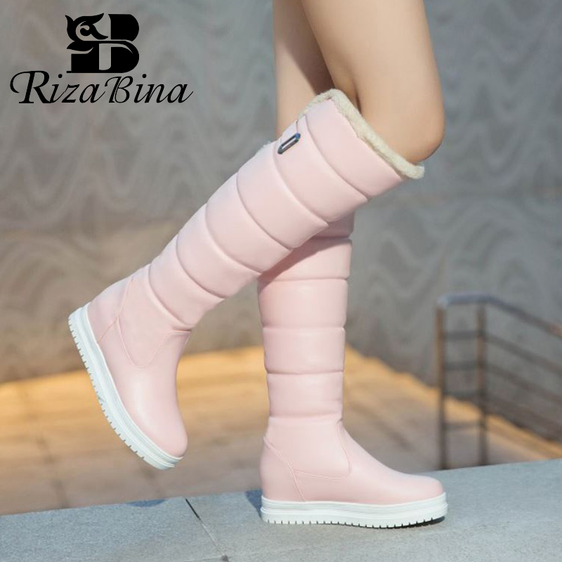 

RIZABINA Women Knee High Boots Round Toe Flat Heel Snow Boots Knee High Slip On Shoes Warm Fur Ladies Footwear Size 34-43, Black