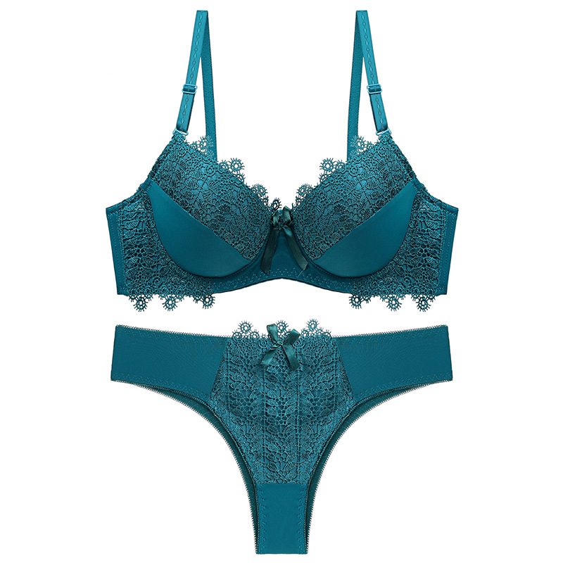 

Manufacturers Direct Selling Western Style Solid Color Sexy Bra Set Foreign Trade Lace B C Cup Thin Cup Underwear Suit Cross Bor, Green