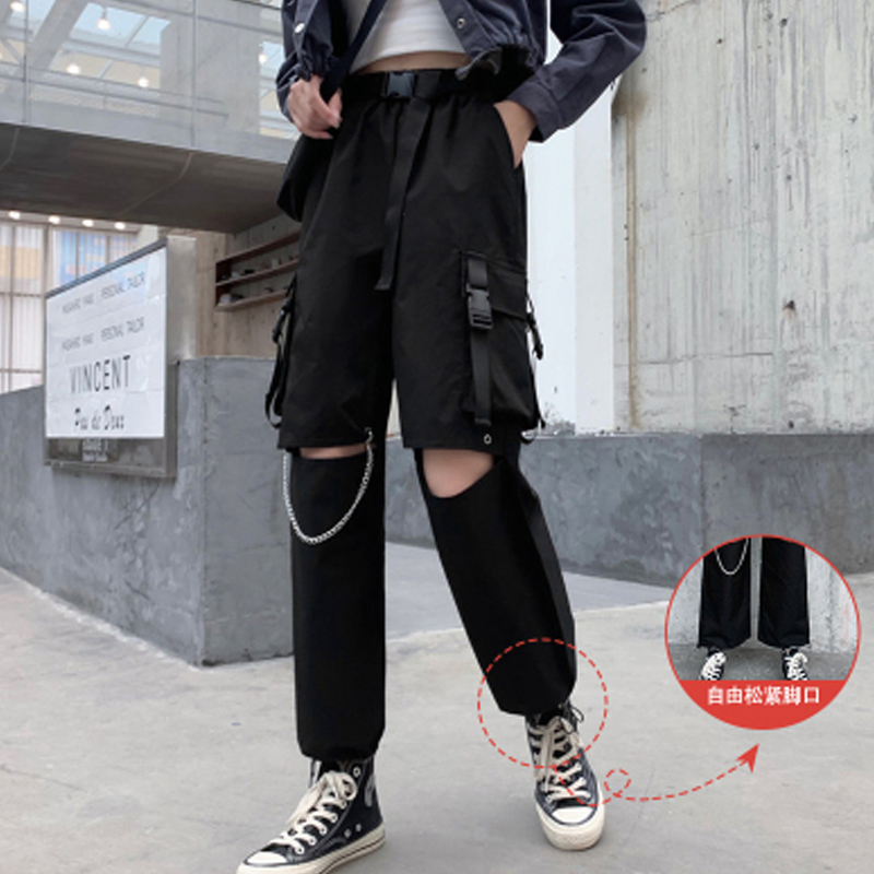

Autumn winter overalls women' high-waisted hole chain loose bf straight sports beam feet all-match casual pants fashion hot sal, Black