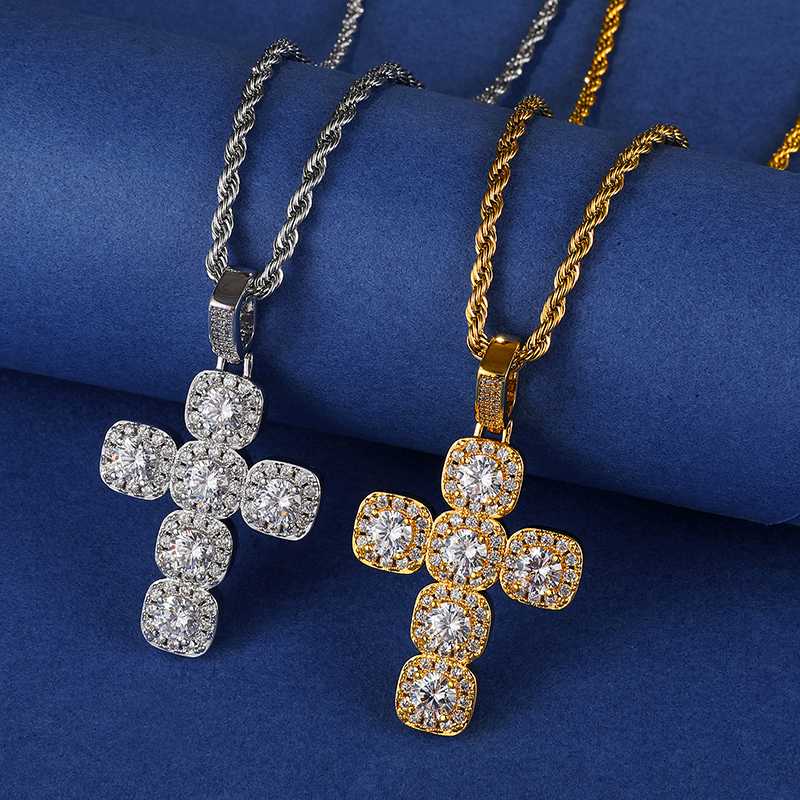 

US7 New Iced Out Cross Pendant Necklace Big Solid CZ With Rope Cuban Tennis Chain Men Women Gold Silver Color Hip Hop Jewelry