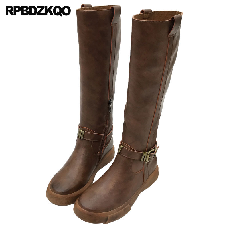 

Round Toe Faux Fur Autumn 2020 Fashion Side Zip Boots Flat Shoes Black Equestrian Wide Calf Fall Knee High Brown Women Riding