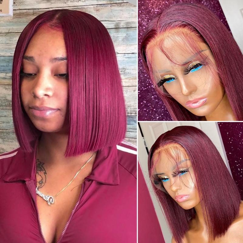 

HALO 99J Burgundy 13X4 Lace Front Human Hair Wigs Glueless Pre Plucked Remy Straight Brazilian Red Short Bob Wig for Black Woman, #99j