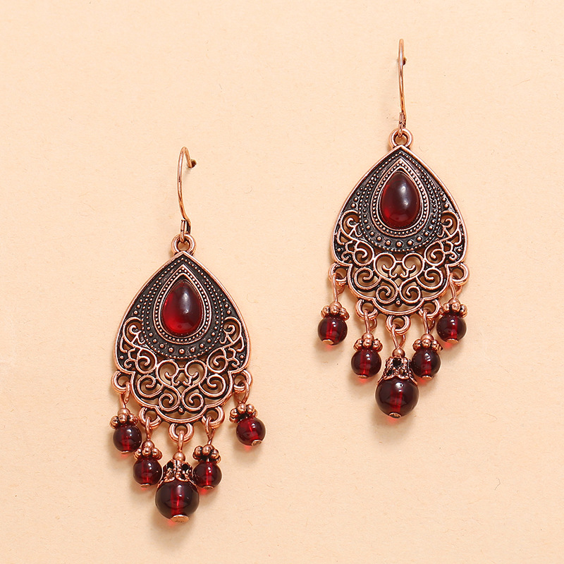 

2020 Ins New Gold Wine Red Beads Hollow Out Flower Bridal Earrings Korean Fashion Chic Women Party Jewelry