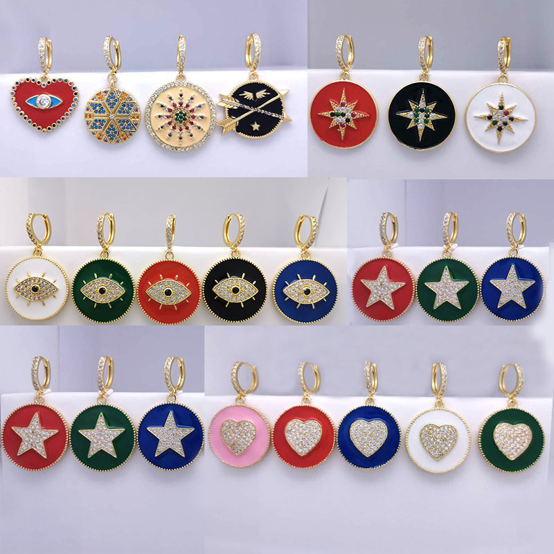 

1 piece Enamel Hoop Earrings for Women Gold Color Star Heart Evil Eye Heart Round Earring CZ Jewelry Black Red Drop arete