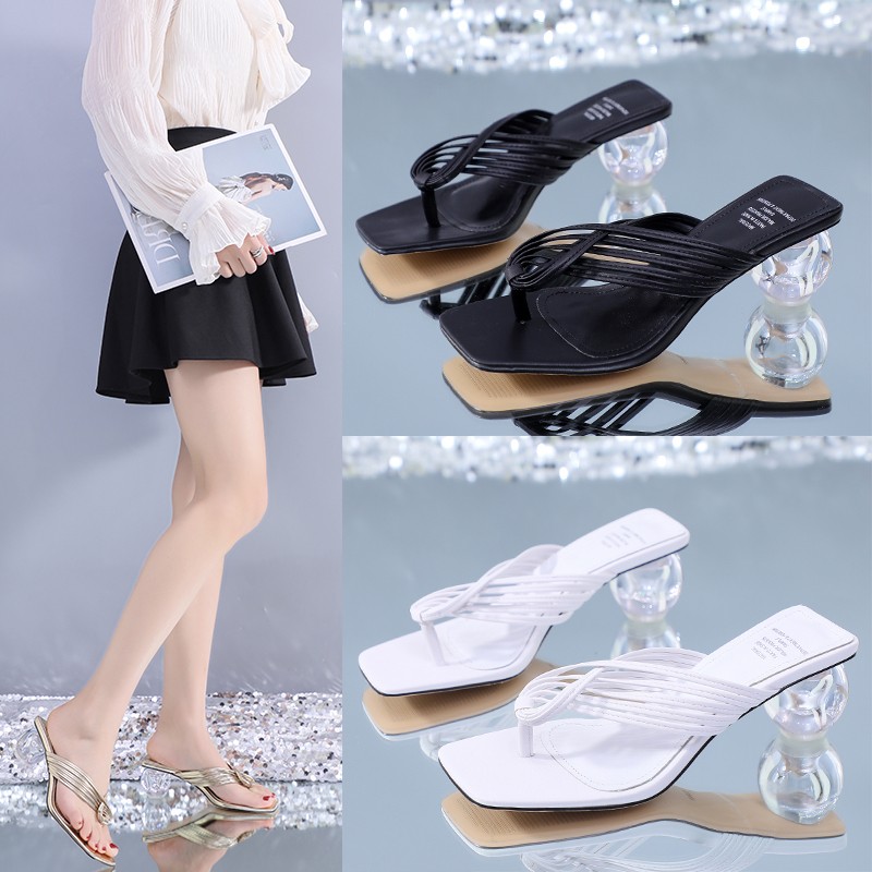 

Flip-flops wear high-heeled wild shaped sandals summer fashion sandals and slippers solid color thick heel female Z550, Black