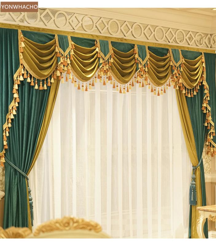

Custom curtains Stunning European luxury living room atmosphere velvet green cloth blackout curtain tulle valance drape B769, Tulle sheer