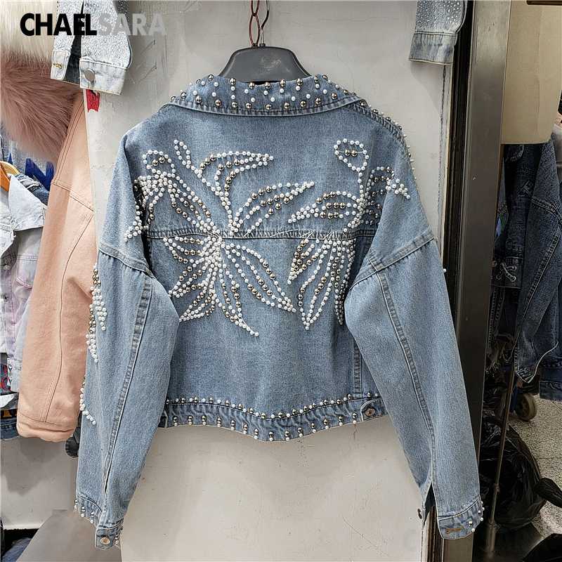 

High Quality Handmade Beaded Denim Jacket Women 2020 Spring Autumn Rivet Loose Short Jeans Coat, Blue