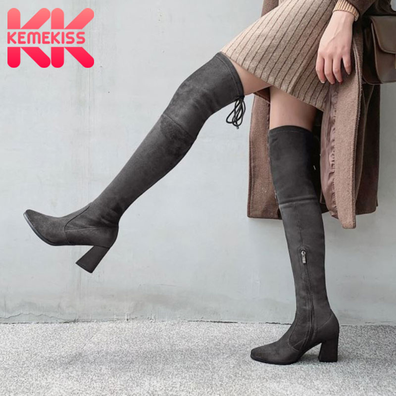 

KemeKiss Women Over Knee Boots Zipper Thick High Heel Shoes Women Sexy Pointed Toe Warm Stretch Boot Fashion Footwear Size 34-42, Black heel 3.5cm