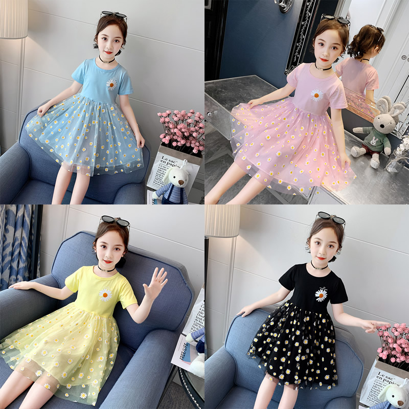 

Summer Short Sleeve Cotton Daisy Yarn Transparent Mesh Skirt Cute Girl Party Dresses for Girls Princess Dress, Black