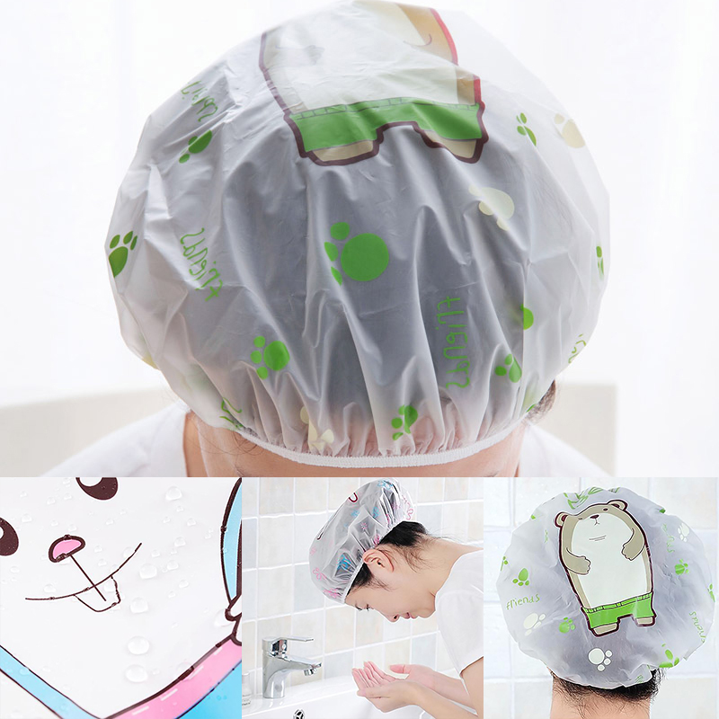 

Cute Cartoon Shower Cap For Baths And Saunas Lace With Elastic Band Disposable Hair Salon Thicken Waterproof Shower Cap