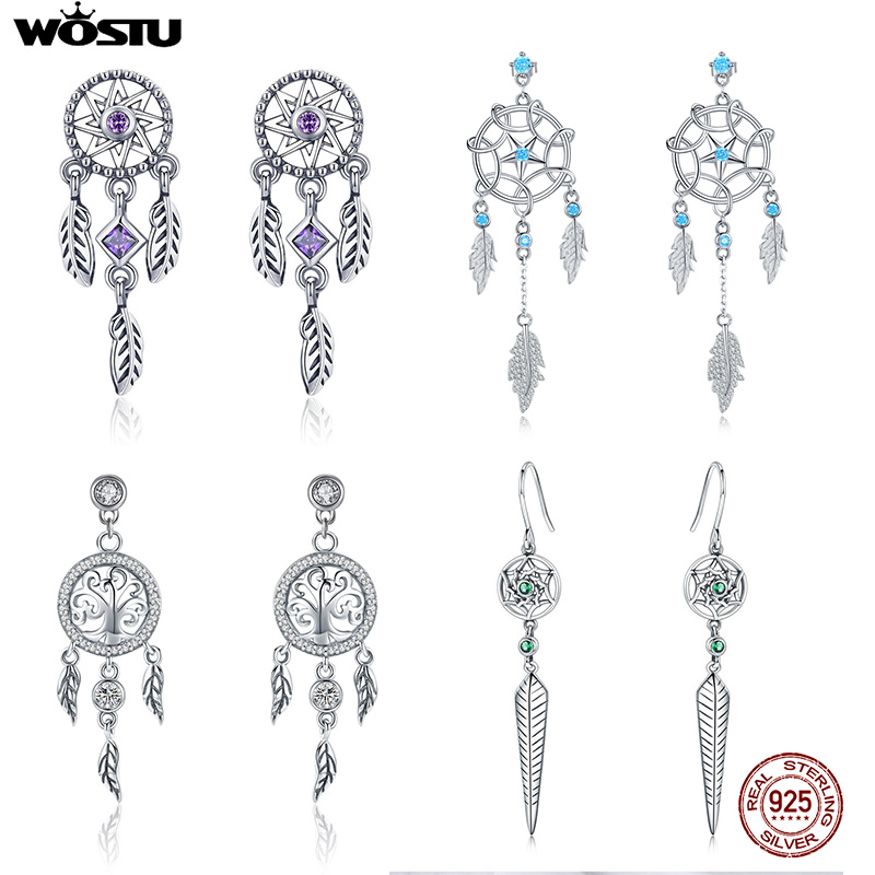 

WOSTU 100% 925 Sterling Silver Dream Catcher Dangle Earrings Zircon Fashion Drop Earrings For Women Wedding Luxury Jewelry Gifts