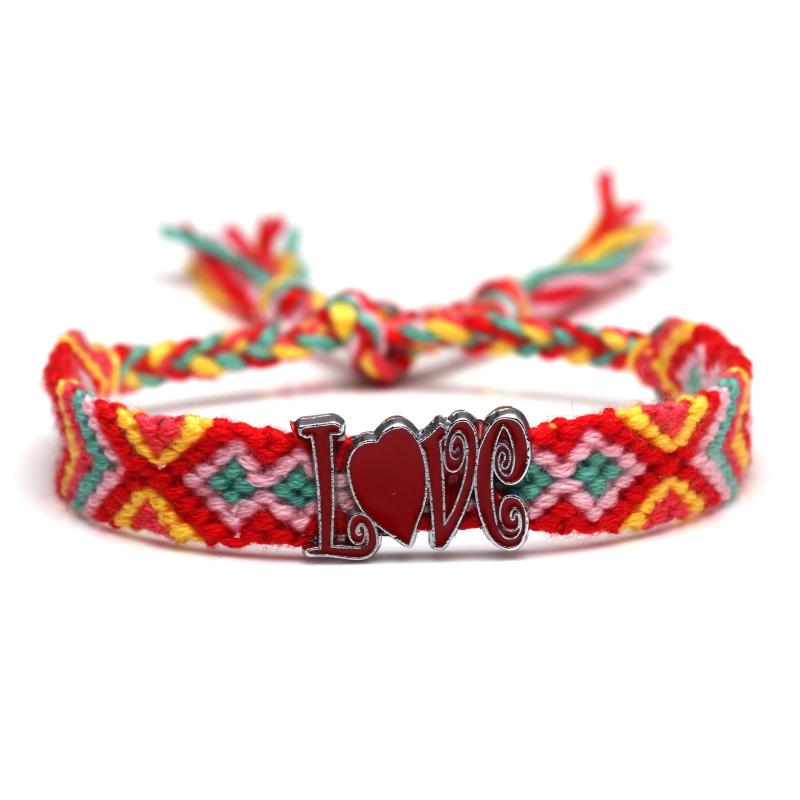 

Boho Passionate Red Love Heart Charm Woven Friendship Bracelet Women Men Hot Letter Word Love Embroidery Floss Handmade Jewelry
