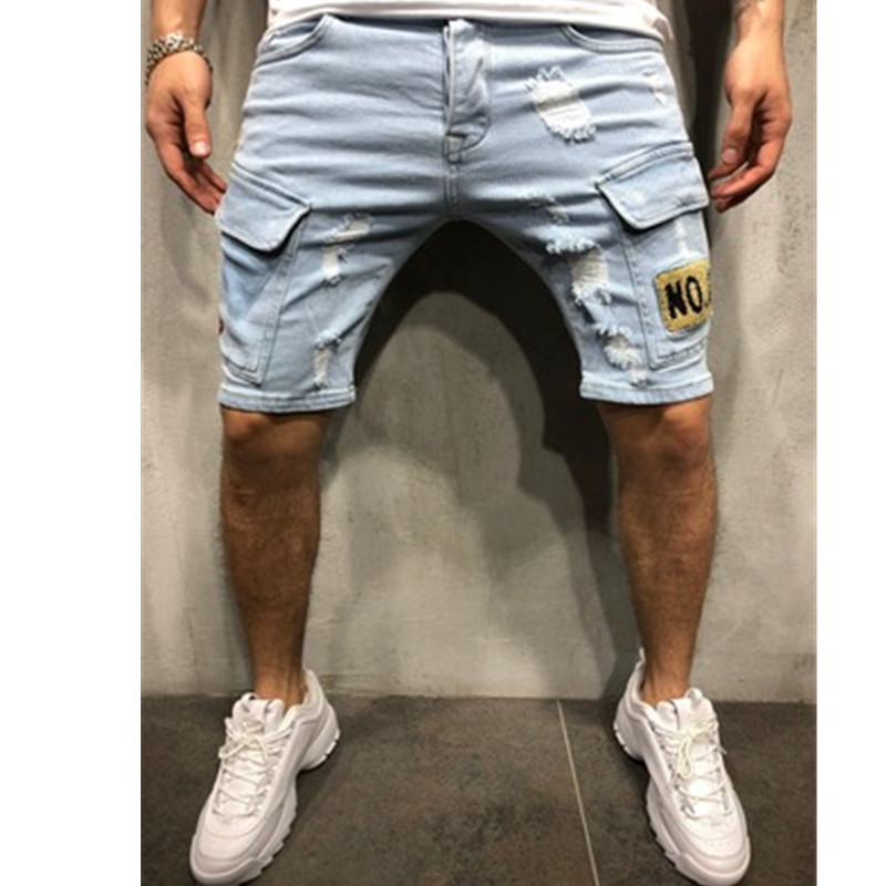 

Mens Holes Denim Shorts Fashion Trend Embroidery Slim Straight Short Jeans Designer Summer Male Casual Jean Pants, Denim blue