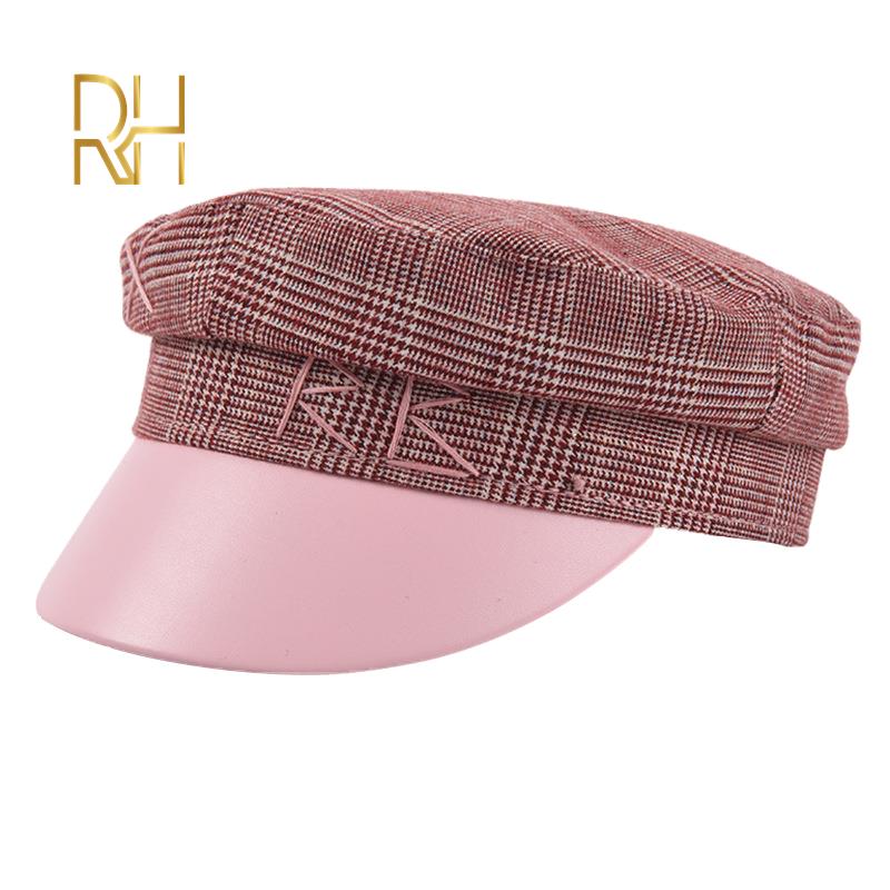

Embroidery Letter Plaid Octagonal Cap Fashion Stitching PU Brim Women Autumn Hats Cotton Painters Hat Female Retro RH, Pink