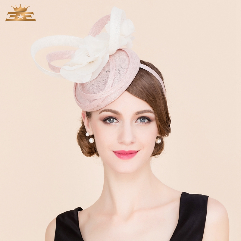 

Ladies Pink 100% Linen Pillbox Hat Fascinators for Women Elegant Fedora British Style Flowers Wedding Hats B-8186
