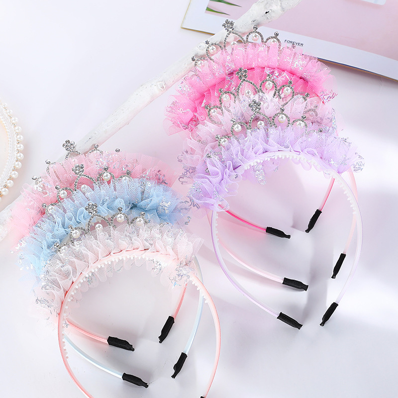 

6Pcs/Set Solid Color Lace Crown Headbands For Children Shiny Rhinestones Pearl Baby Girls Hair Band Wholesale Hair Accessories