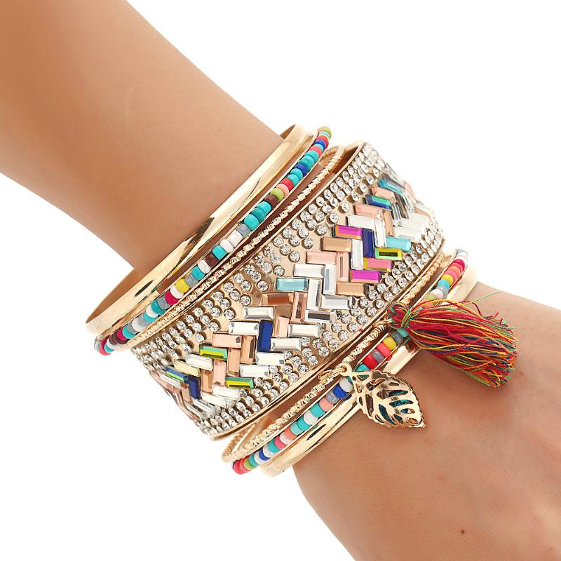 

RE New Bohemian Fringe Bracelet&Bangles Set Ethnic Tirbal Arm Cuff Circels Set Gold Color Crystal Tassel Pulseras Women Jewelry