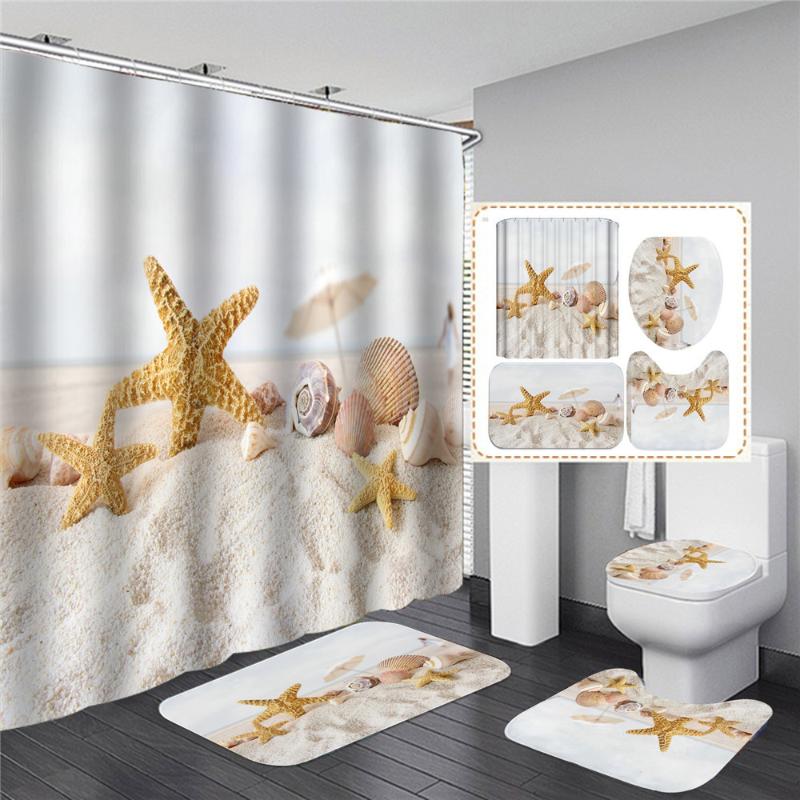 

Ocean Lighthouse Starfish Bottle Bathroom Shower Curtain Set Toilet Seat Cover Non Slip Rug Lid Floor Mats Bath Curtains w/ Hook